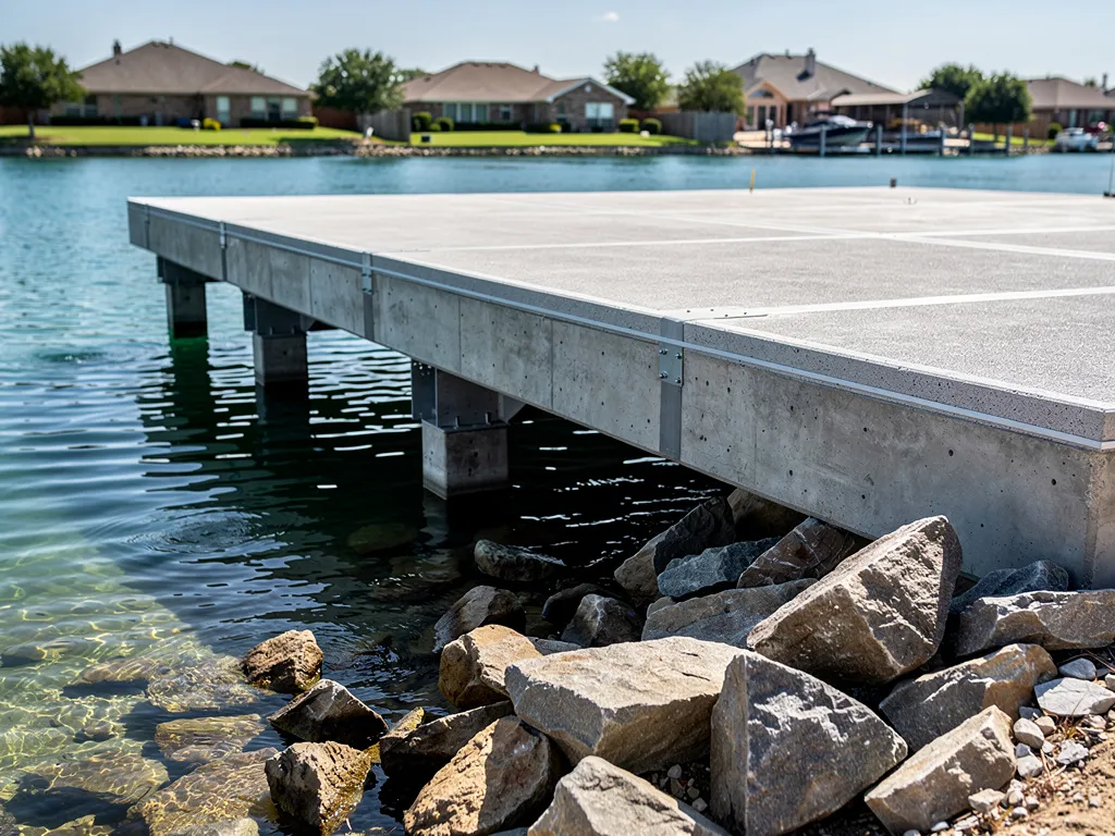 Boat house concrete foundation with rip-rap in Lago Vista Texas