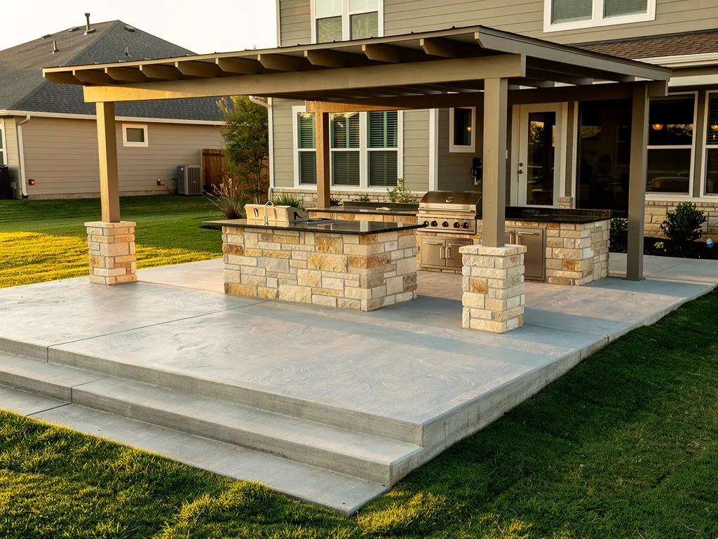 Raised concrete patio with outdoor kitchen slab in The Hills Texas