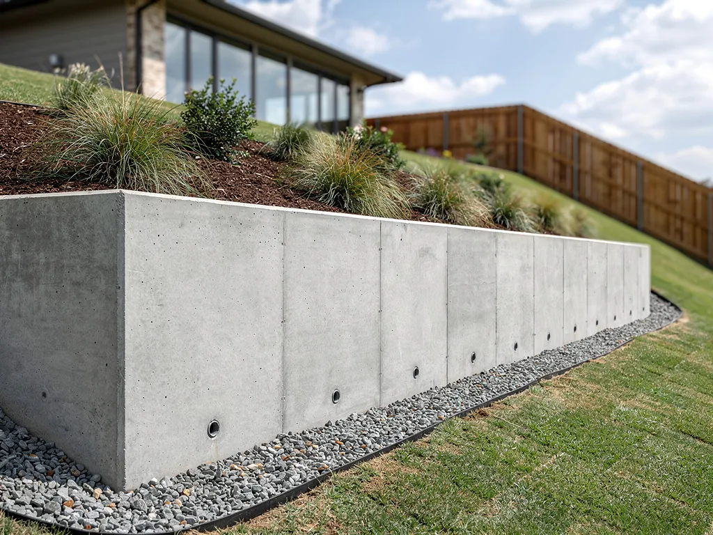 Poured-in-place concrete retaining wall with proper drainage at a Briarcliff Texas home