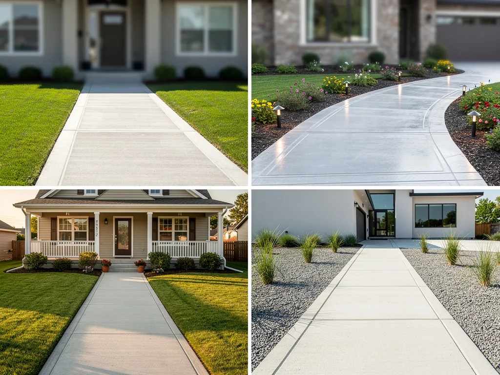 Concrete walkway with broom finish leading through a landscaped front yard in Lakeway Texas